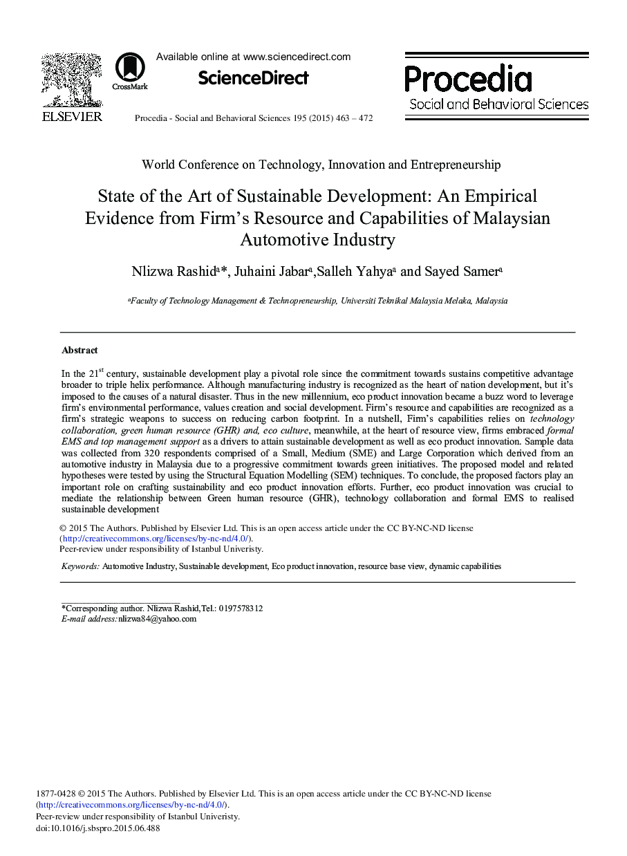 State of the Art of Sustainable Development: An Empirical Evidence from Firm's Resource and Capabilities of Malaysian Automotive Industry 