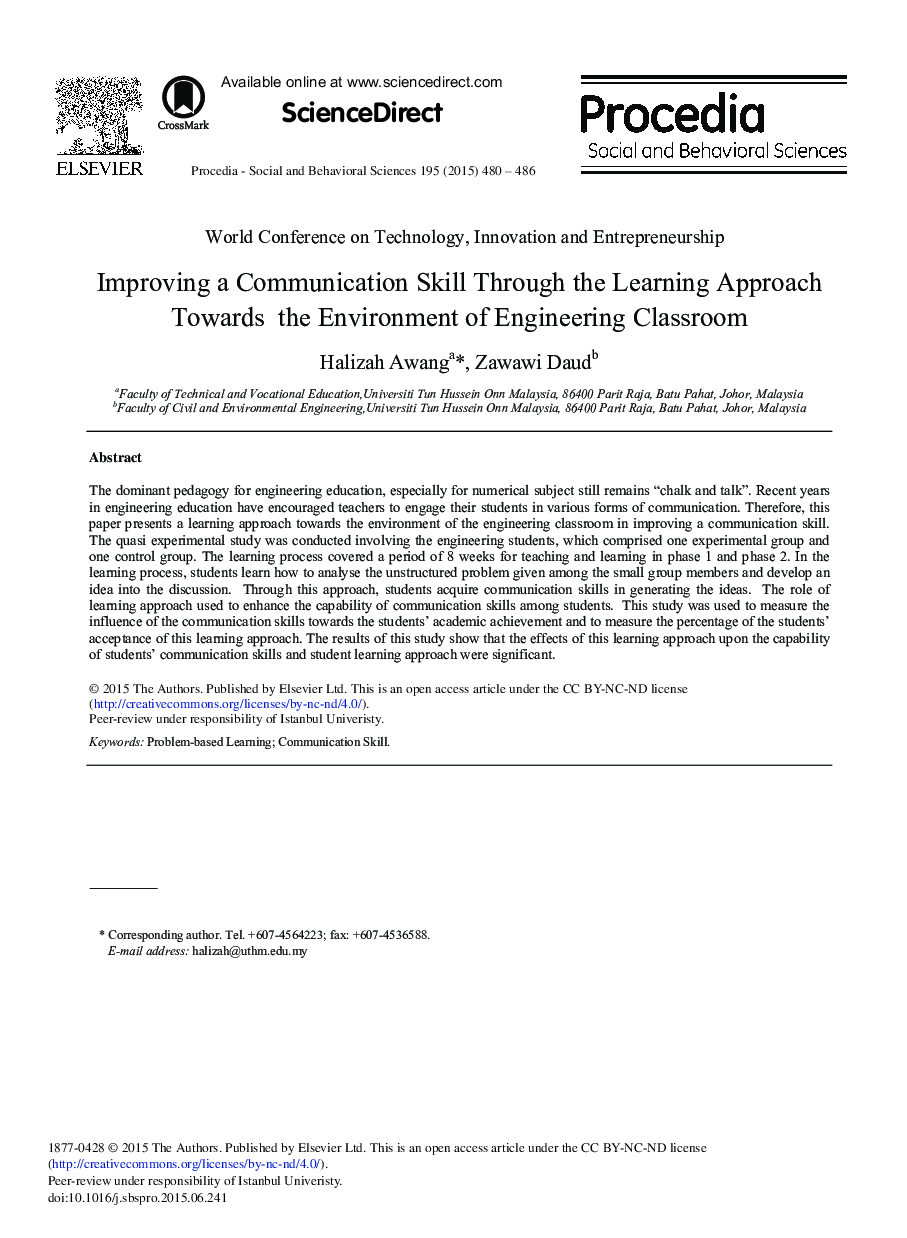 Improving a Communication Skill Through the Learning Approach Towards the Environment of Engineering Classroom 