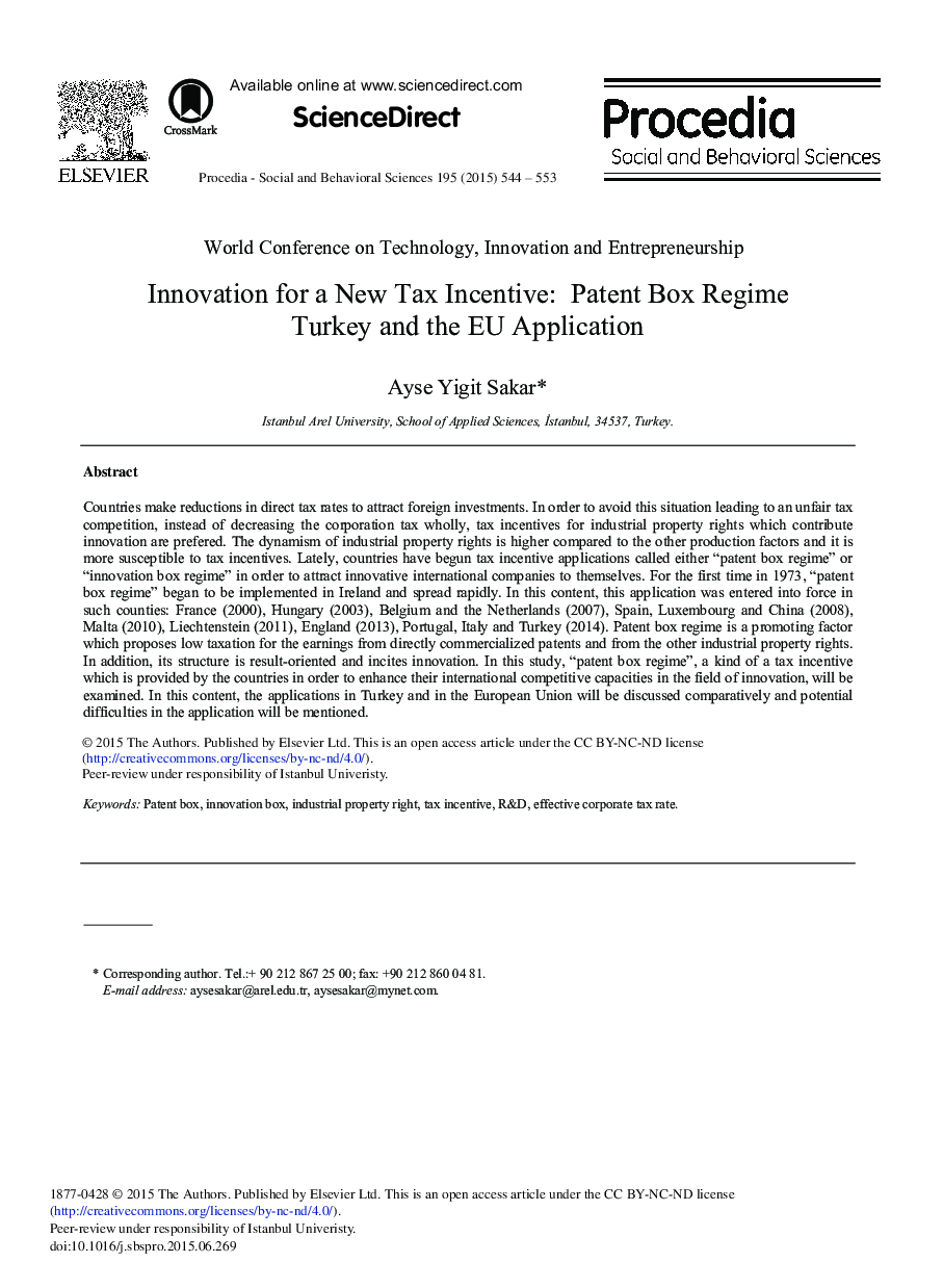 Innovation for a New Tax Incentive: Patent Box Regime Turkey and the EU Application 