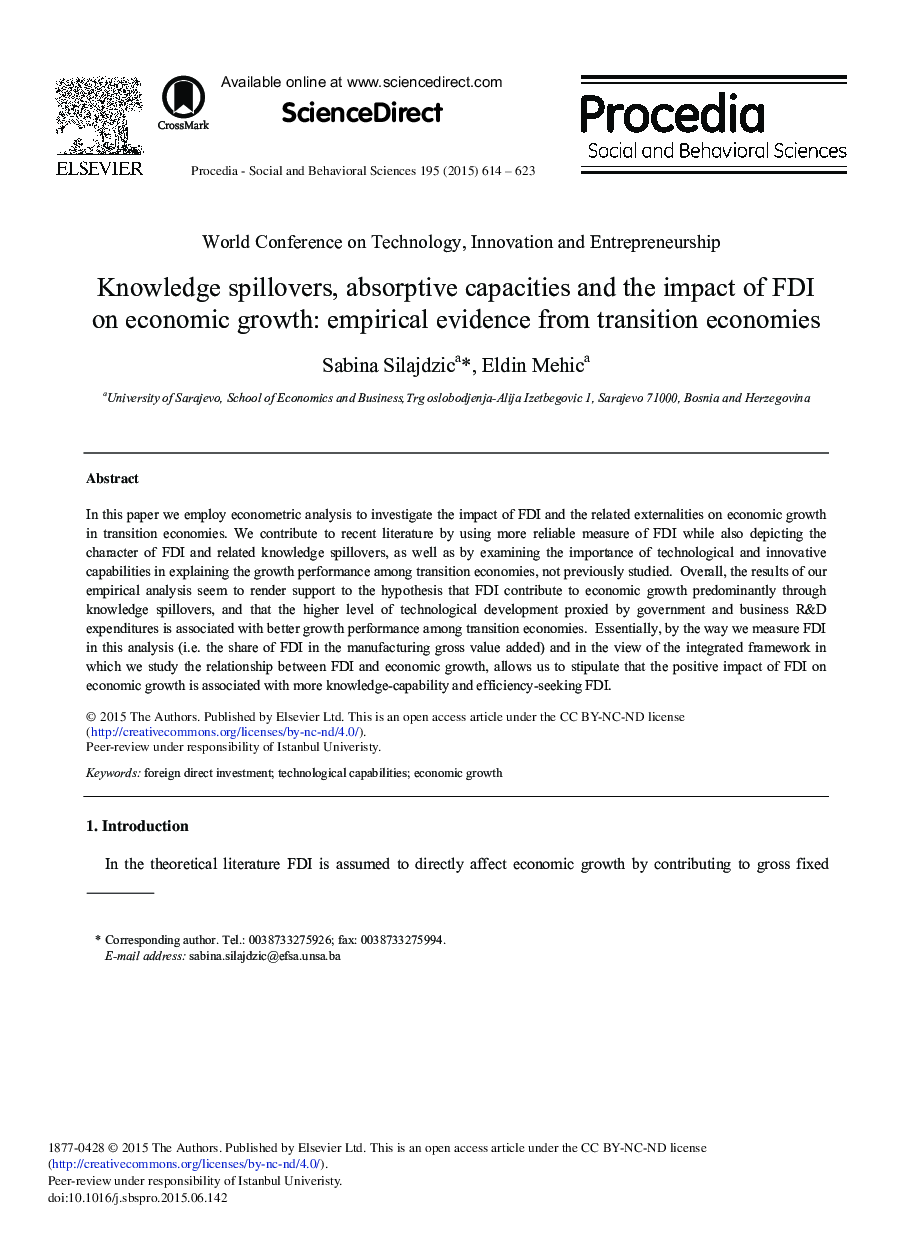 Knowledge Spillovers, Absorptive Capacities and the Impact of FDI on Economic Growth: Empirical Evidence from Transition Economies 