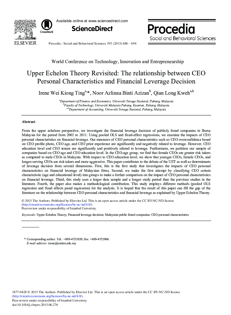 Upper Echelon Theory Revisited: The Relationship between CEO Personal Characteristics and Financial Leverage Decision 