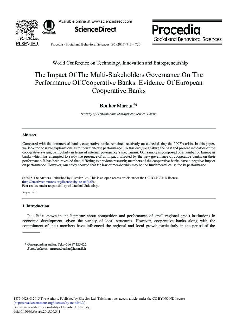 The Impact of the Multi-Stakeholders Governance on the Performance of Cooperative Banks: Evidence of European Cooperative Banks 