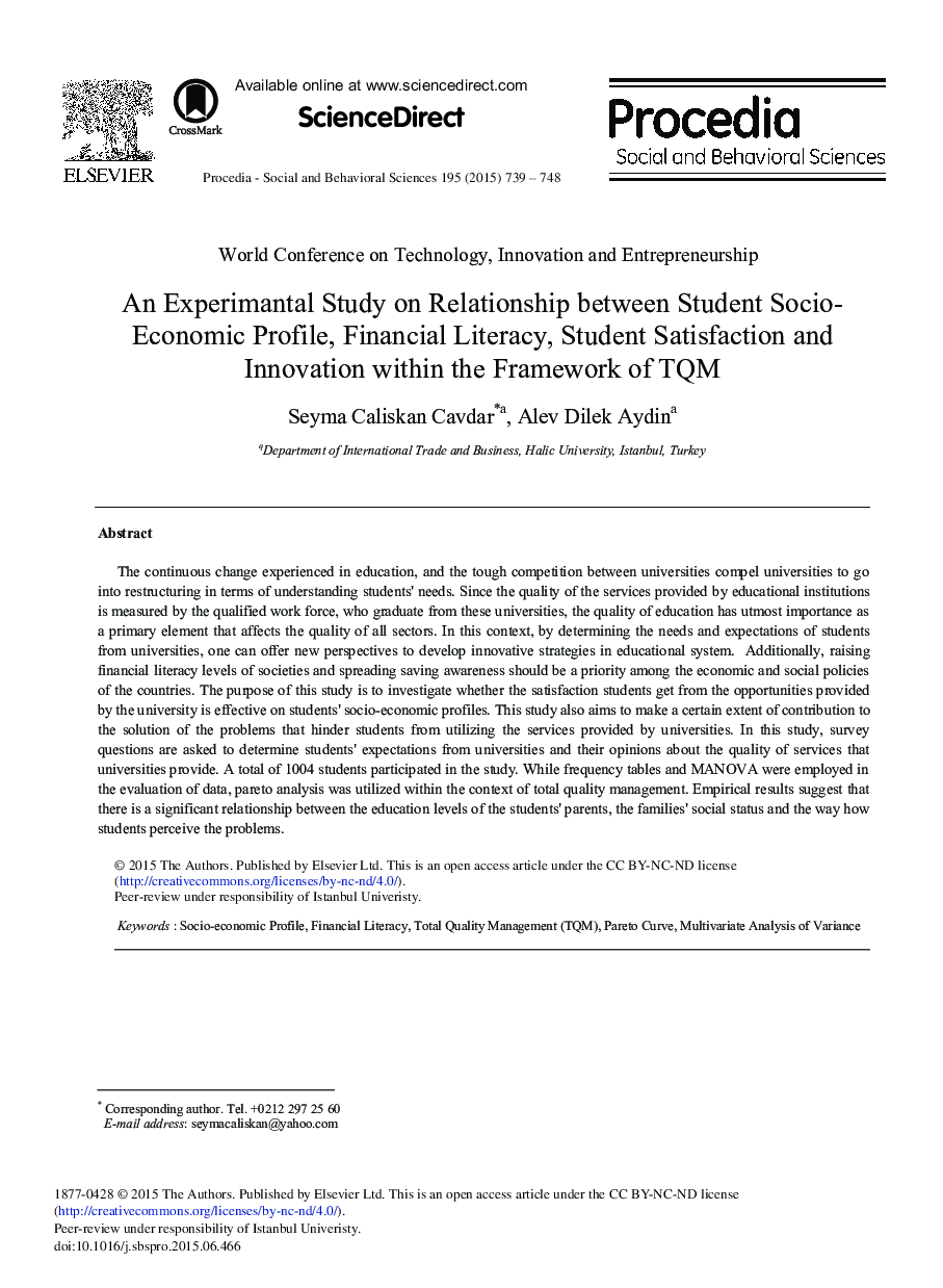 An Experimantal Study on Relationship between Student Socio-Economic Profile, Financial Literacy, Student Satisfaction and Innovation within the Framework of TQM 