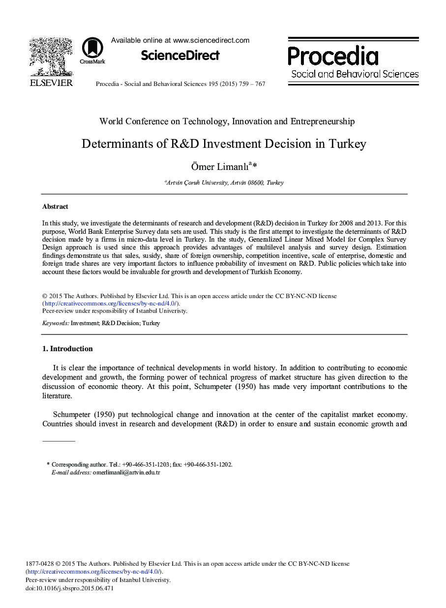 Determinants of R&D Investment Decision in Turkey 