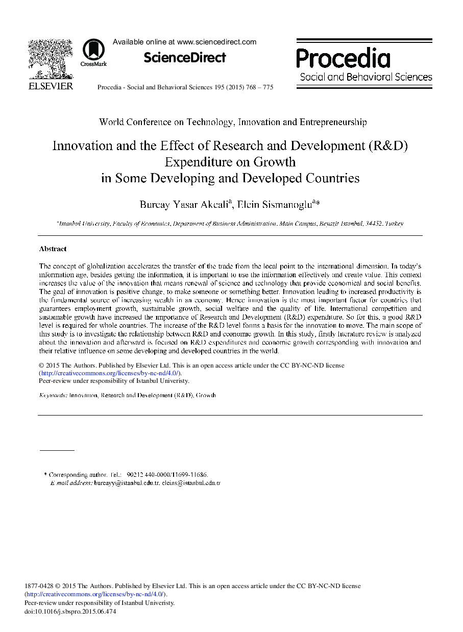 Innovation and the Effect of Research and Development (R&D) Expenditure on Growth in Some Developing and Developed Countries 