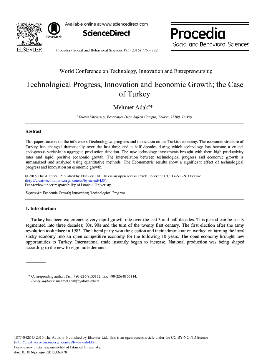 Technological Progress, Innovation and Economic Growth; the Case of Turkey 