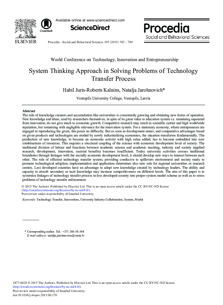 System Thinking Approach in Solving Problems of Technology Transfer Process 