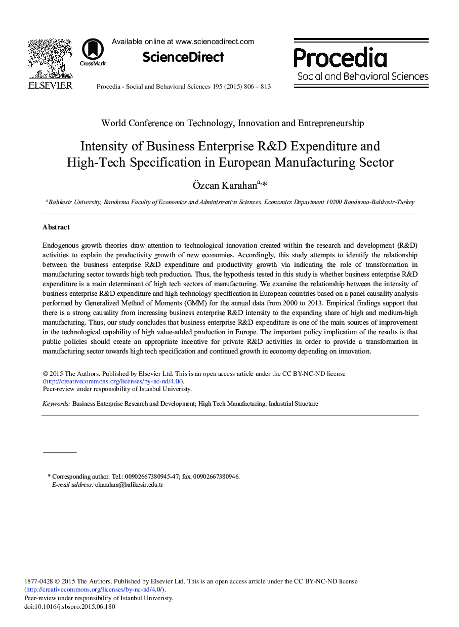 Intensity of Business Enterprise R&D Expenditure and High-Tech Specification in European Manufacturing Sector 