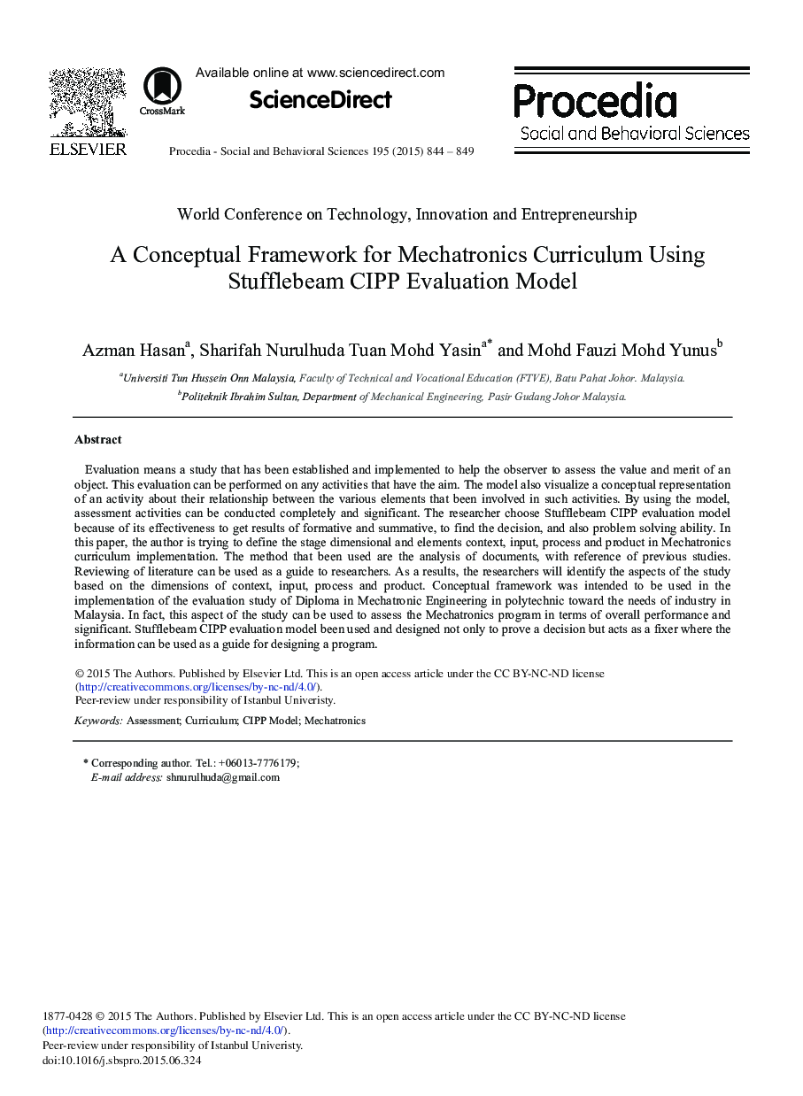 A Conceptual Framework for Mechatronics Curriculum Using Stufflebeam CIPP Evaluation Model 