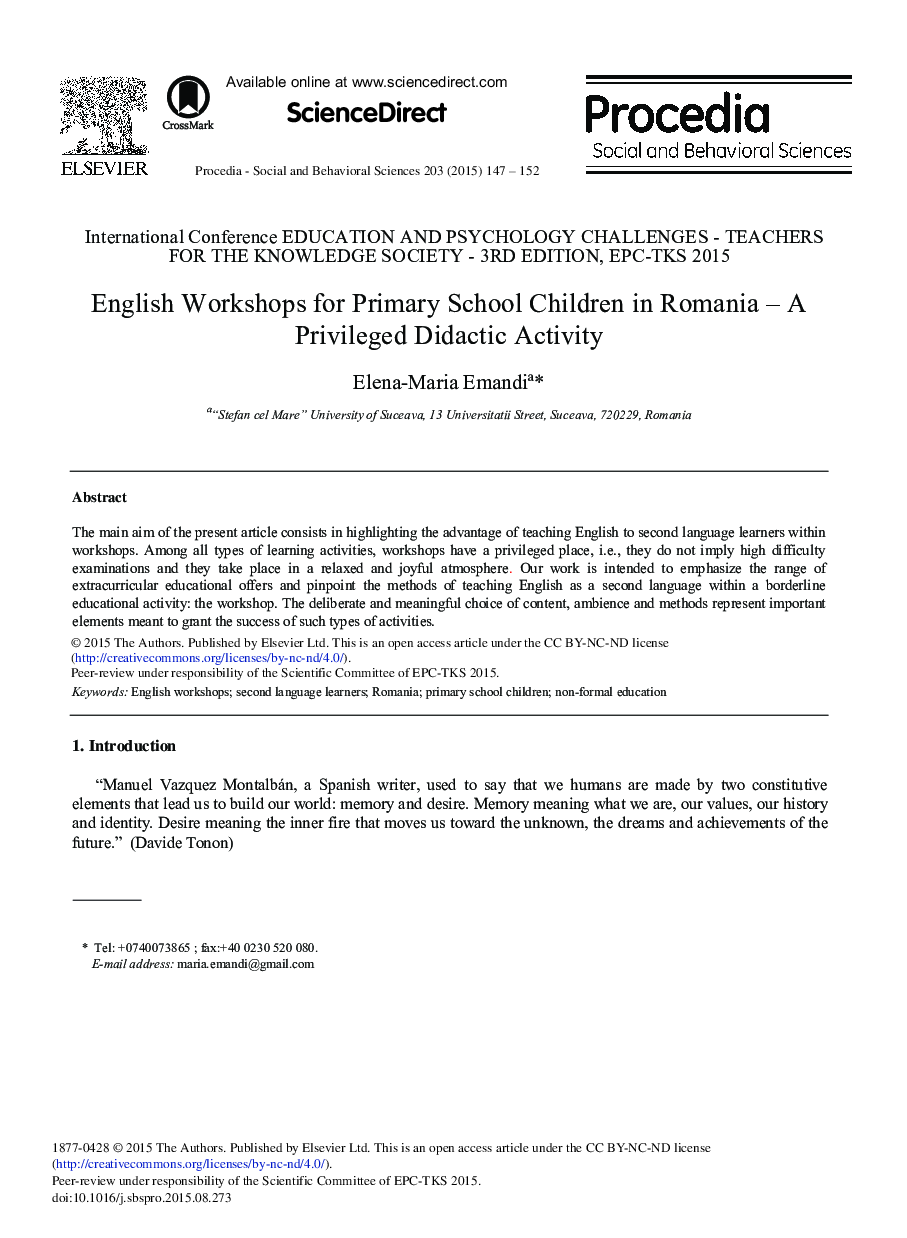 English Workshops for Primary School Children in Romania – A Privileged Didactic Activity 