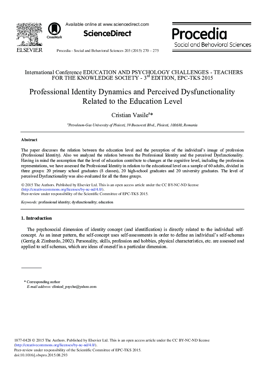 Professional Identity Dynamics and Perceived Dysfunctionality Related to the Education Level 