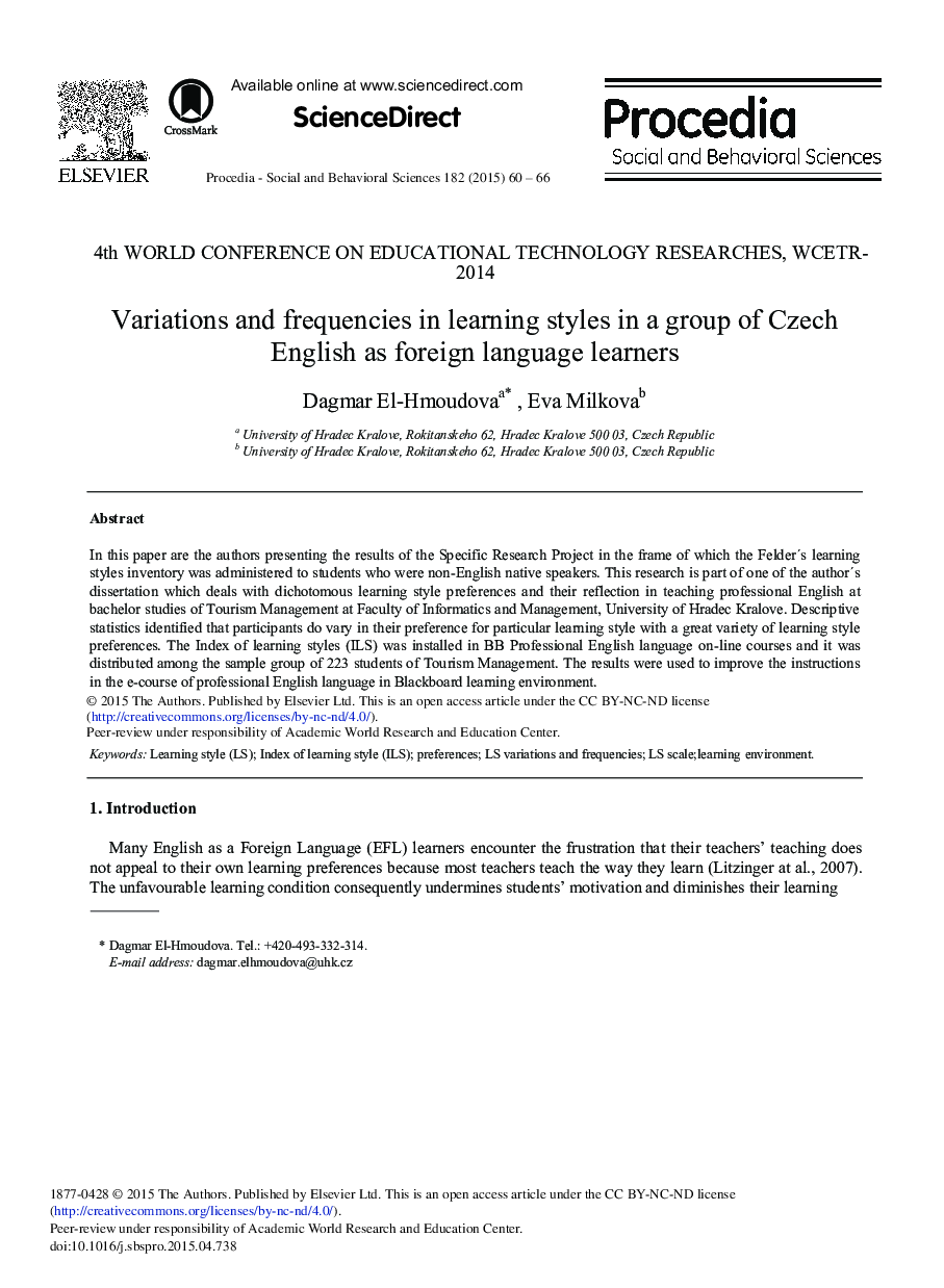 Variations and Frequencies in Learning Styles in a Group of Czech English as Foreign Language Learners 