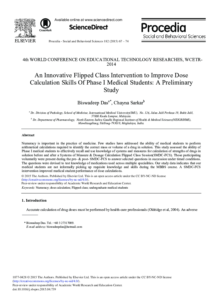 An Innovative Flipped Class Intervention to Improve Dose Calculation Skills of Phase I Medical Students: A Preliminary Study 