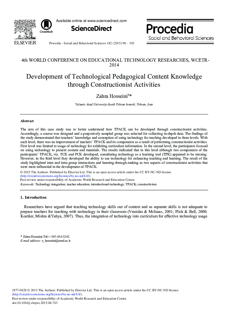 Development of Technological Pedagogical Content Knowledge through Constructionist Activities 