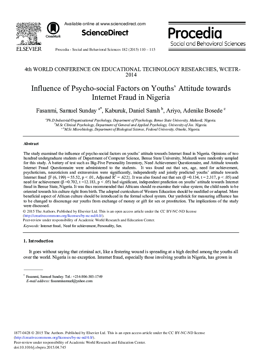 Influence of Psycho-social Factors on Youths’ Attitude towards Internet Fraud in Nigeria 