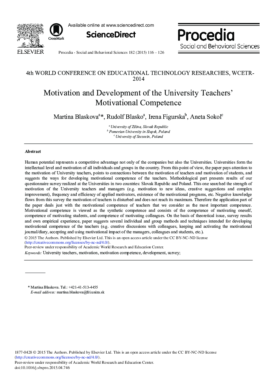 Motivation and Development of the University Teachers’ Motivational Competence 