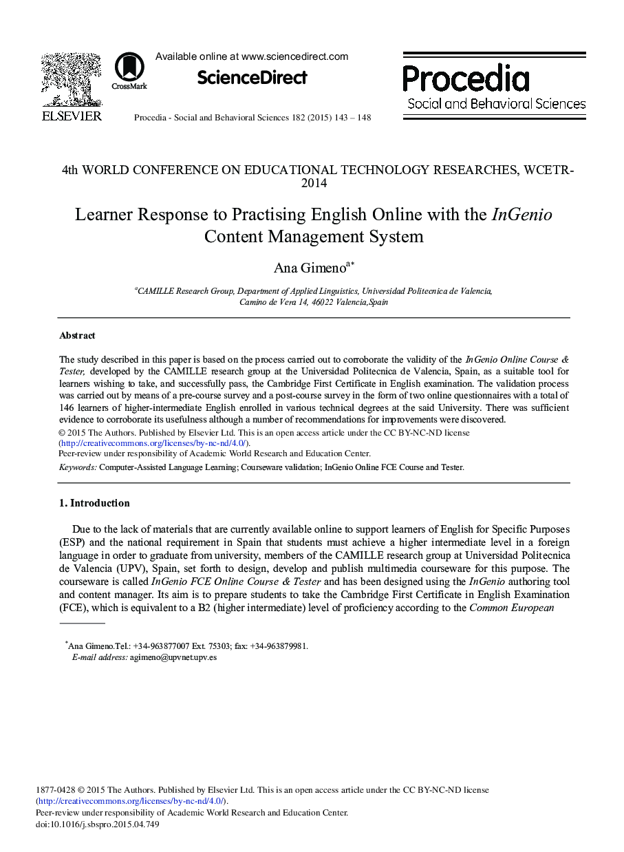 Learner Response to Practising English Online with the InGenio Content Management System 