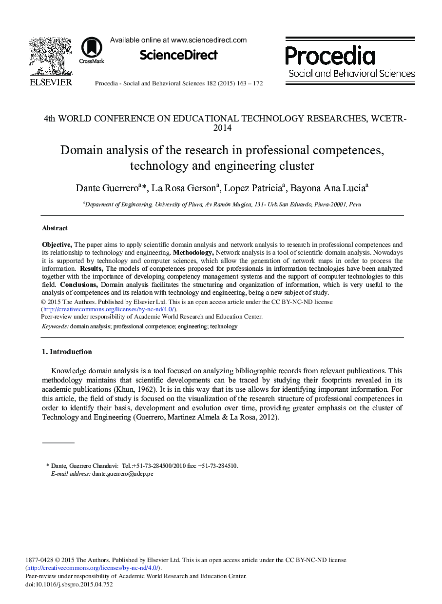 Domain Analysis of the Research In Professional Competences, Technology and Engineering Cluster 