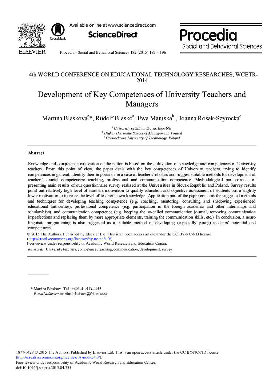 Development of Key Competences of University Teachers and Managers 