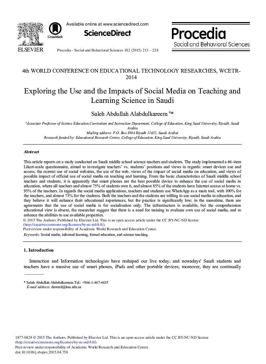 Exploring the Use and the Impacts of Social Media on Teaching and Learning Science in Saudi 