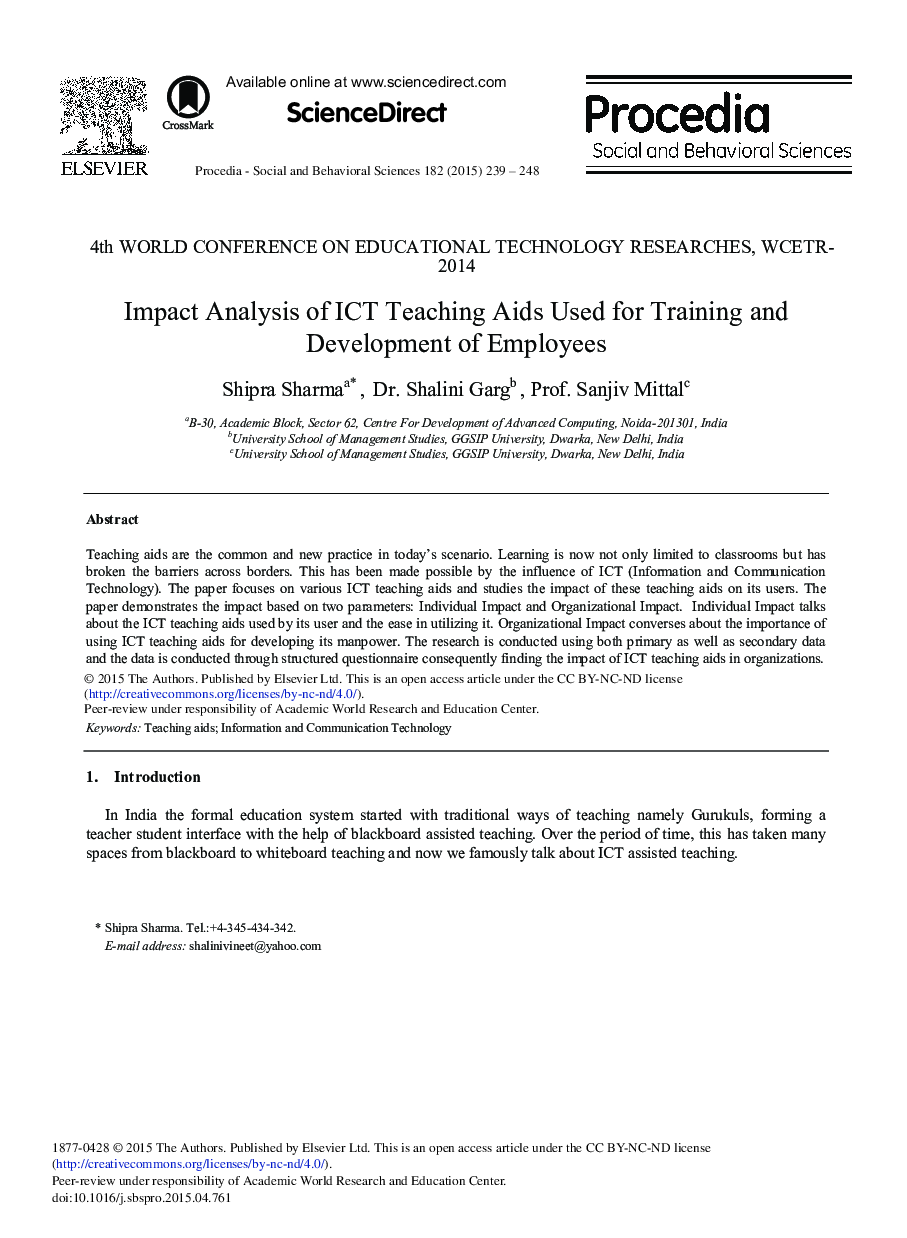 Impact Analysis of ICT Teaching Aids Used for Training and Development of Employees 