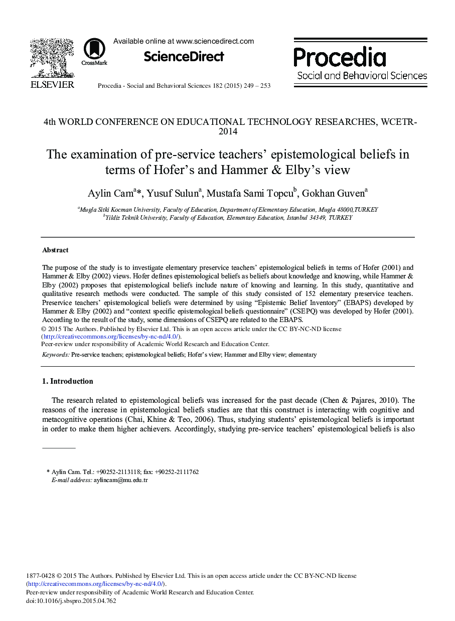 The Examination of Pre-Service Teachers’ Epistemological Beliefs in Terms of Hofer's and Hammer & Elby's View 