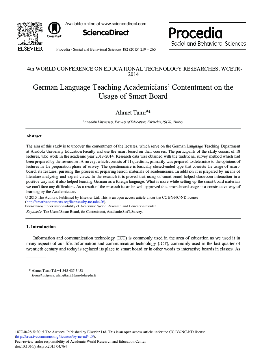 German Language Teaching Academicians’ Contentment on the Usage of Smart Board 