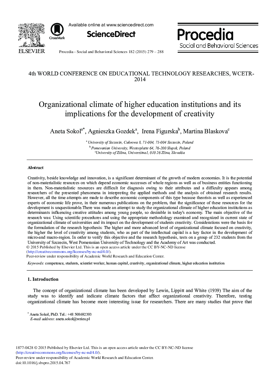 Organizational Climate of Higher Education Institutions and its Implications for the Development of Creativity 