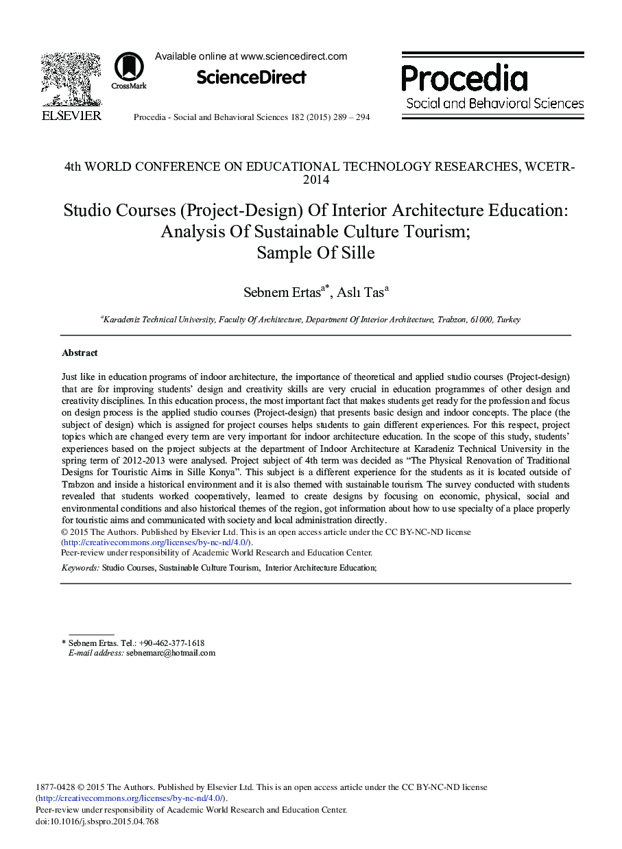 Studio Courses (Project-Design) of Interior Architecture Education: Analysis of Sustainable Culture Tourism; Sample of Sille 