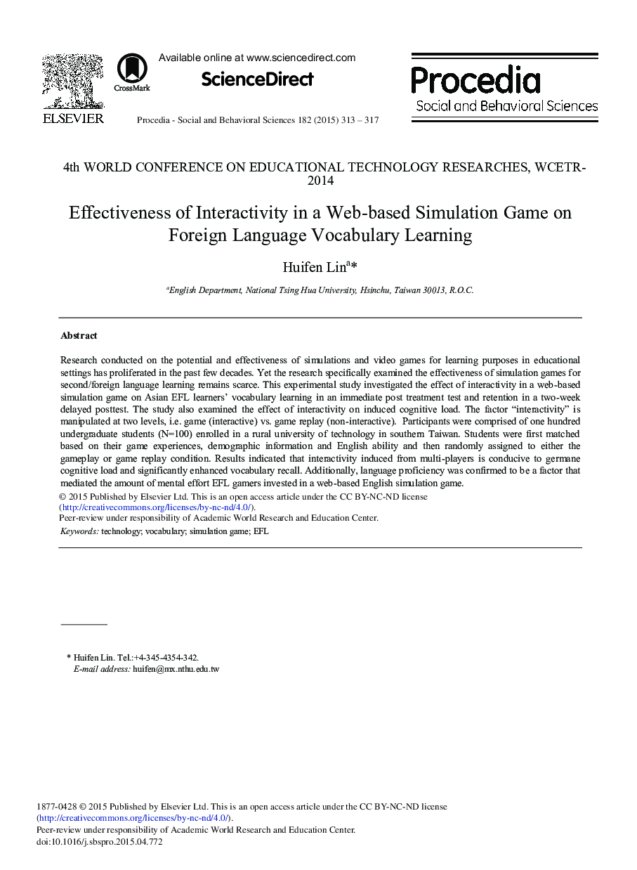 Effectiveness of Interactivity in a Web-based Simulation Game on Foreign Language Vocabulary Learning 