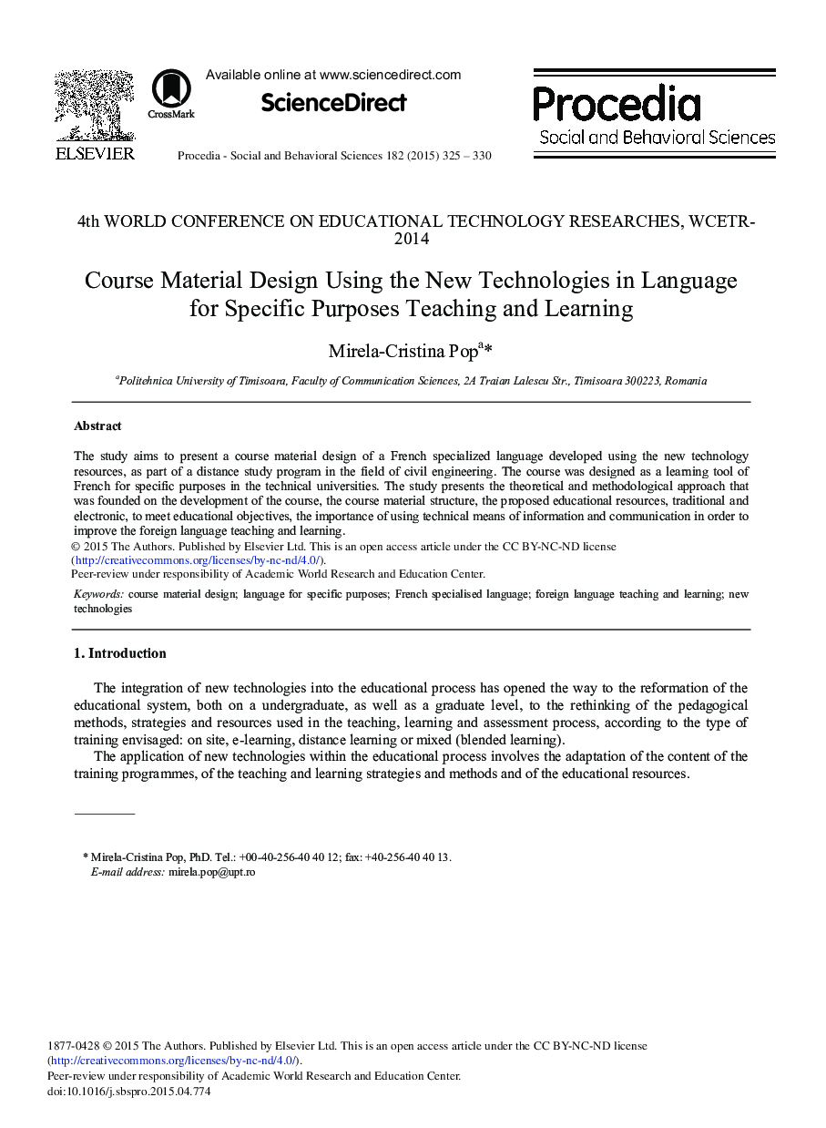 Course Material Design Using the New Technologies in Language for Specific Purposes Teaching and Learning 