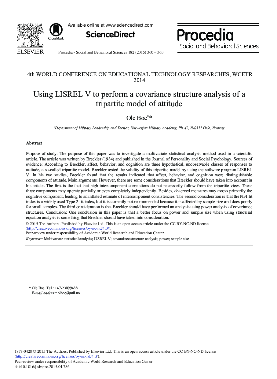 Using LISREL V to Perform a Covariance Structure Analysis of a Tripartite Model of Attitude 