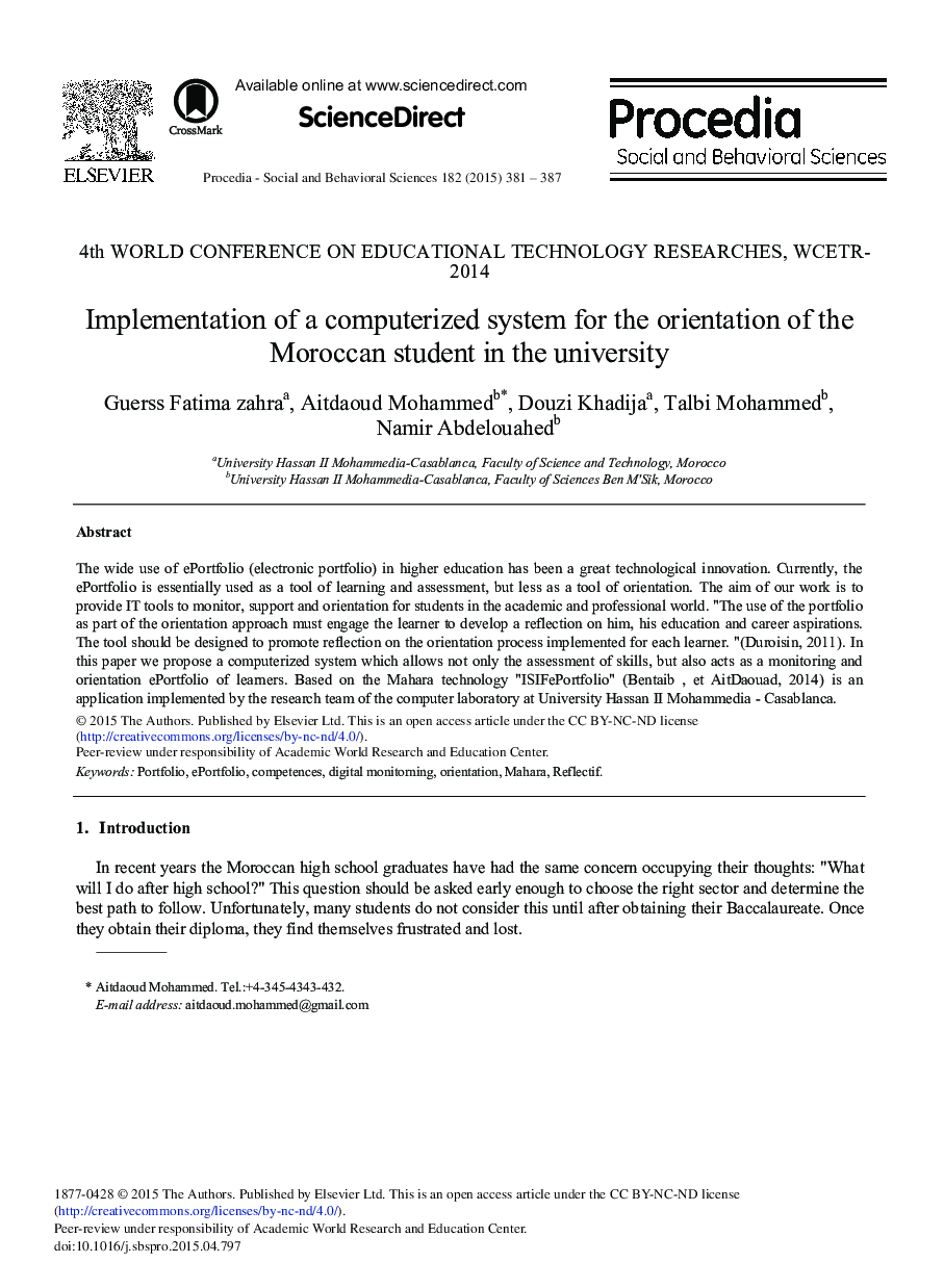 Implementation of a Computerized System for the Orientation of the Moroccan Student in the University 