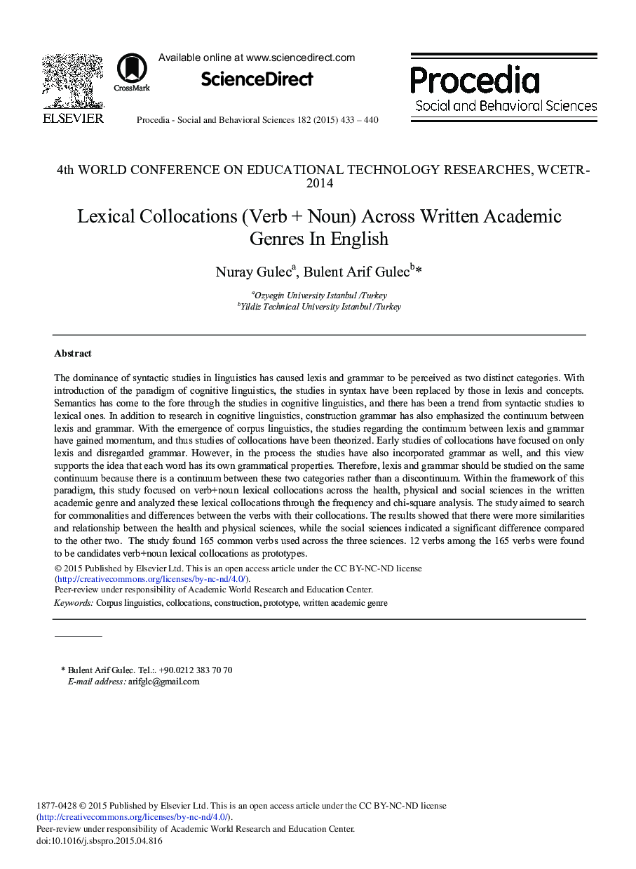 Lexical Collocations (Verb + Noun) Across Written Academic Genres in English 