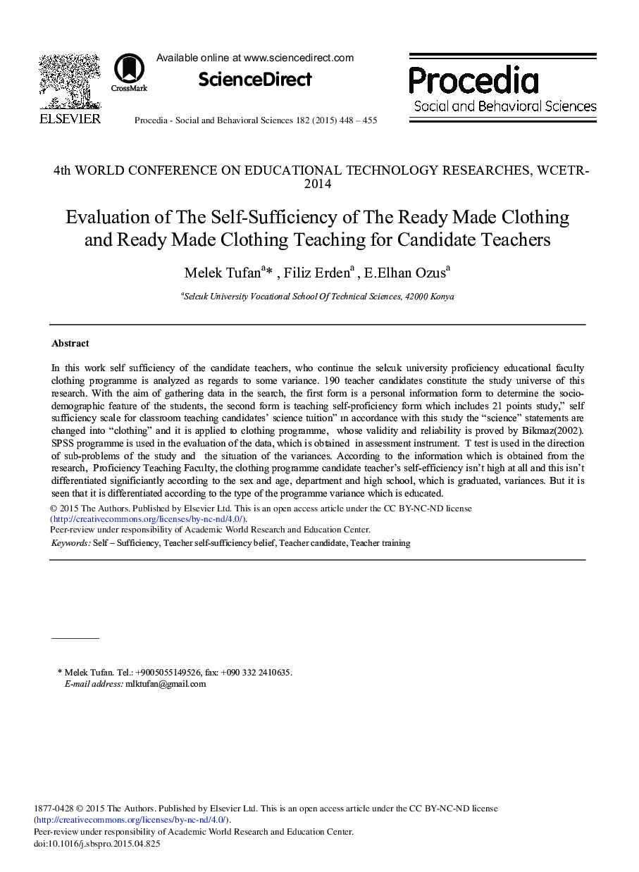 Evaluation of the Self-Sufficiency of the Ready Made Clothing and Ready Made Clothing Teaching for Candidate Teachers 