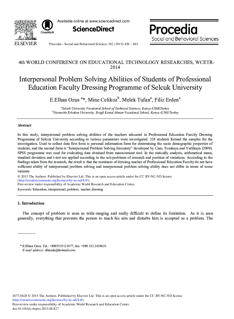 Interpersonal Problem Solving Abilities of Students of Professional Education Faculty Dressing Programme of Selcuk University 