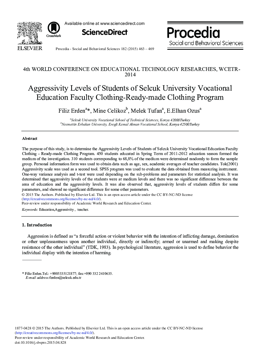 Aggressivity Levels of Students of Selcuk University Vocational Education Faculty Clothing-Ready-made Clothing Program 