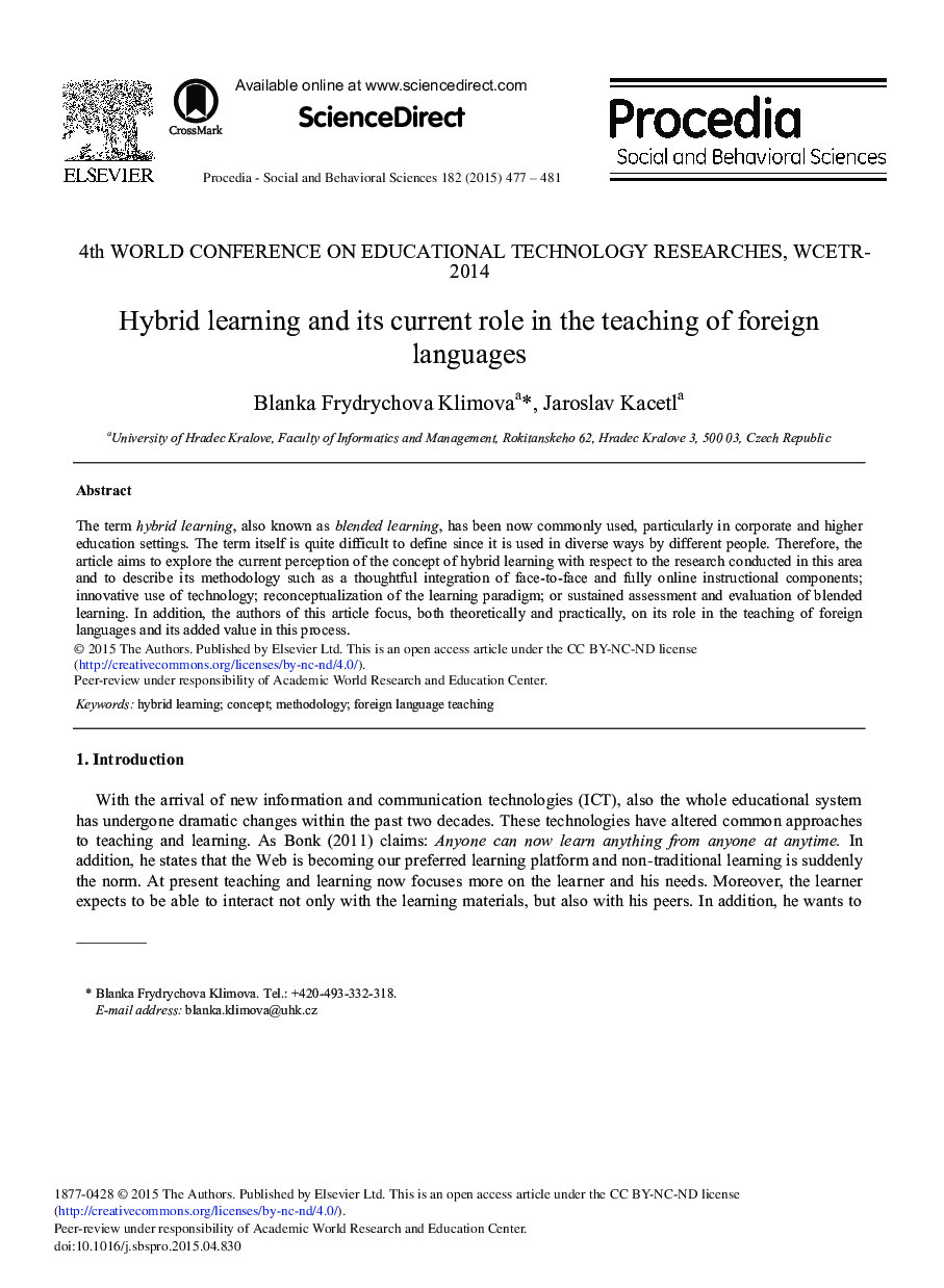 Hybrid Learning and its Current Role in the Teaching of Foreign Languages 