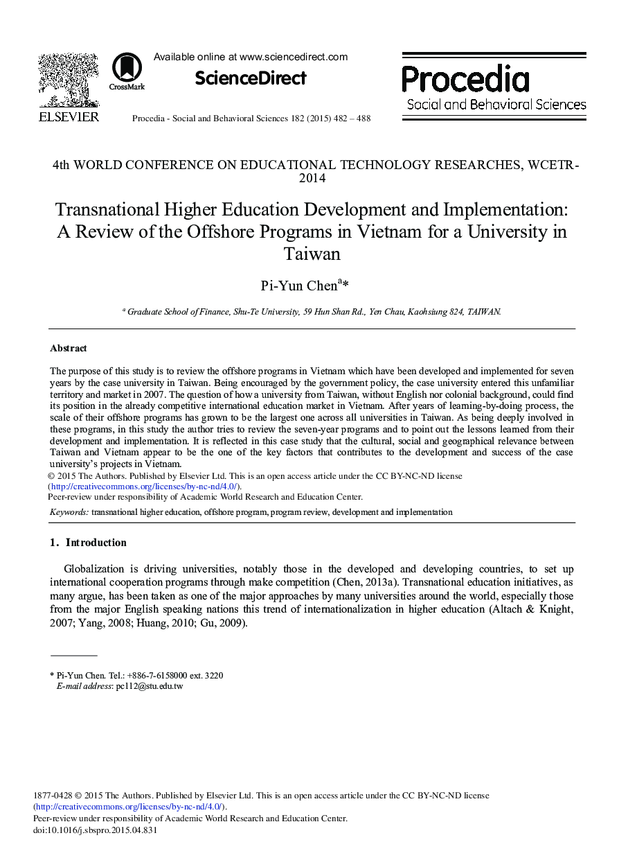 Transnational Higher Education Development and Implementation: A Review of the Offshore Programs in Vietnam for a University in Taiwan 