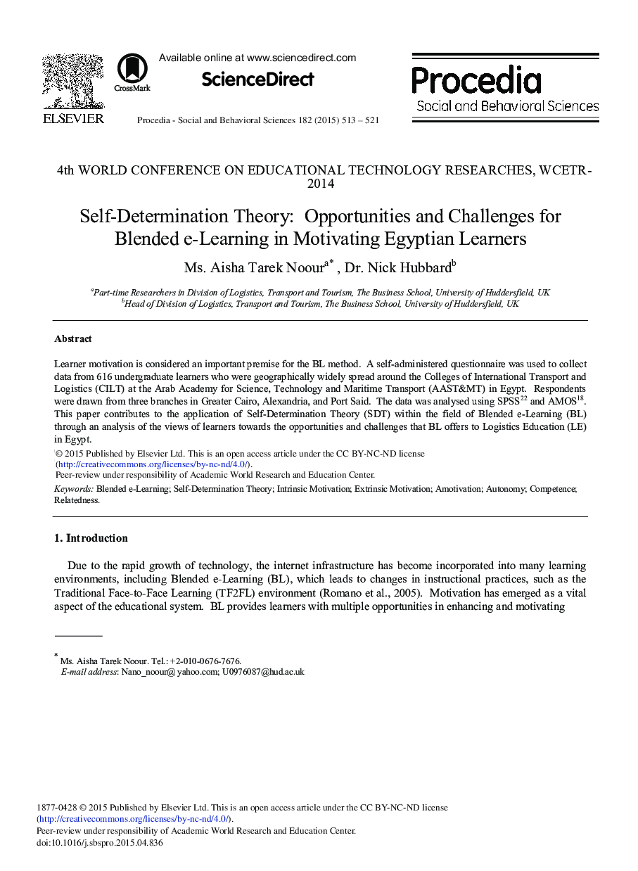 Self-Determination Theory: Opportunities and Challenges for Blended e-Learning in Motivating Egyptian Learners 