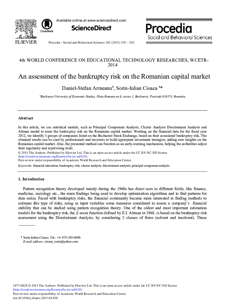 An Assessment of the Bankruptcy Risk on the Romanian Capital Market 