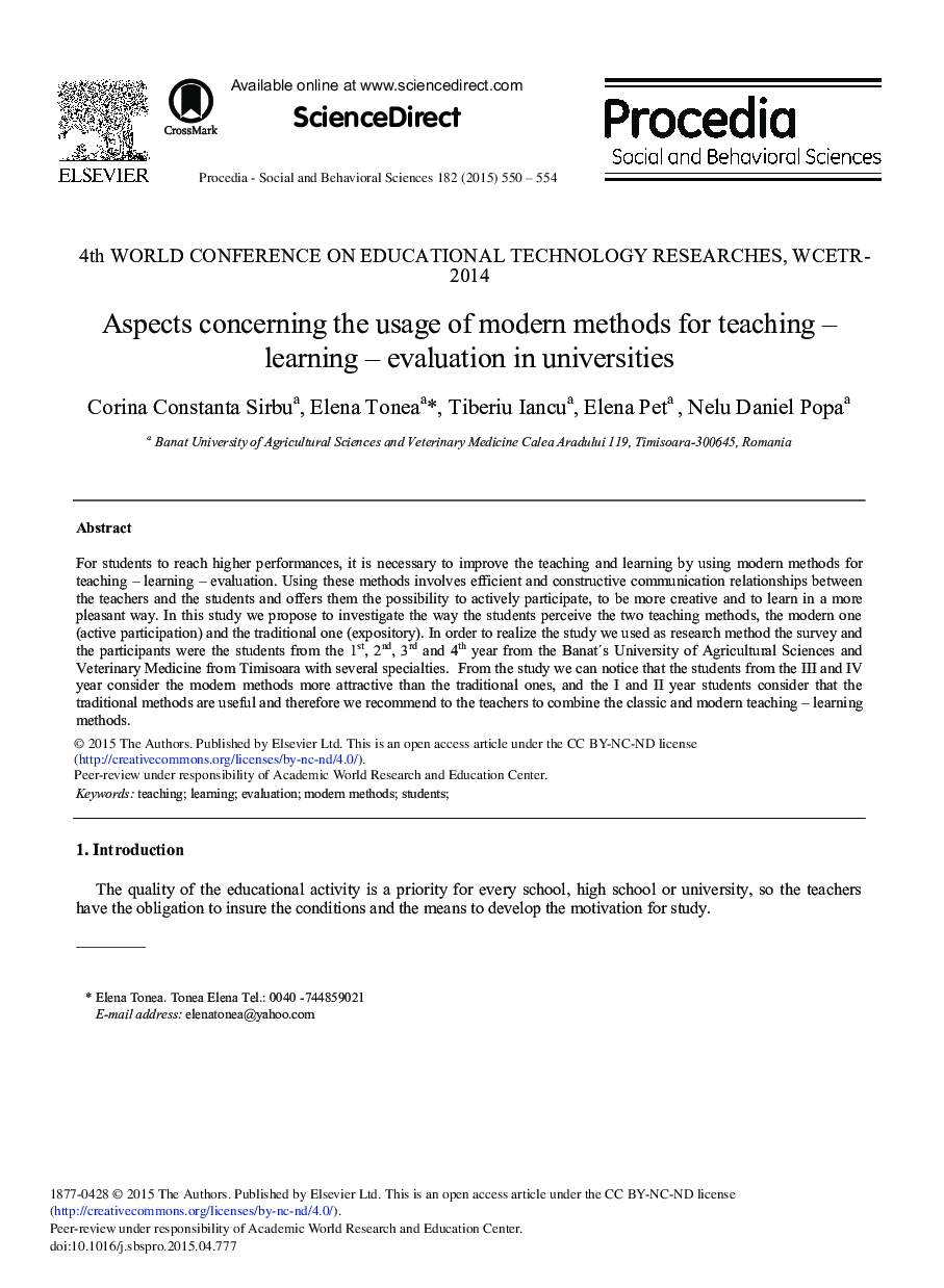 Aspects Concerning the Usage of Modern Methods for Teaching – Learning – Evaluation in Universities 