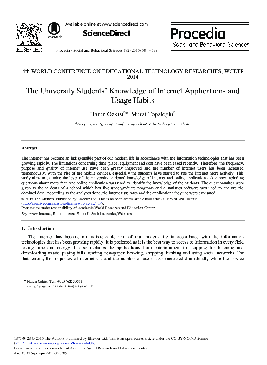 The University Students’ Knowledge of Internet Applications and Usage Habits 