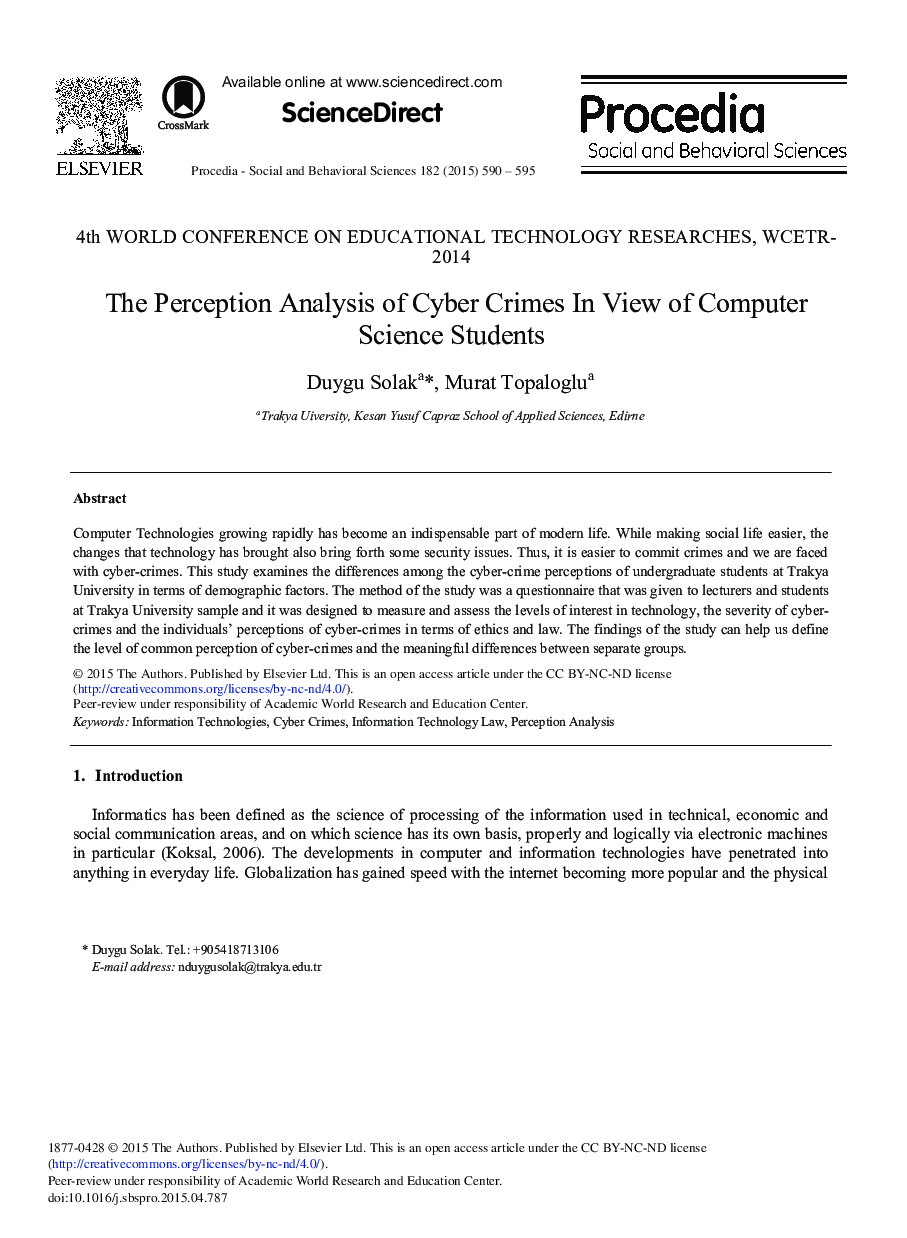 The Perception Analysis of Cyber Crimes in View of Computer Science Students 