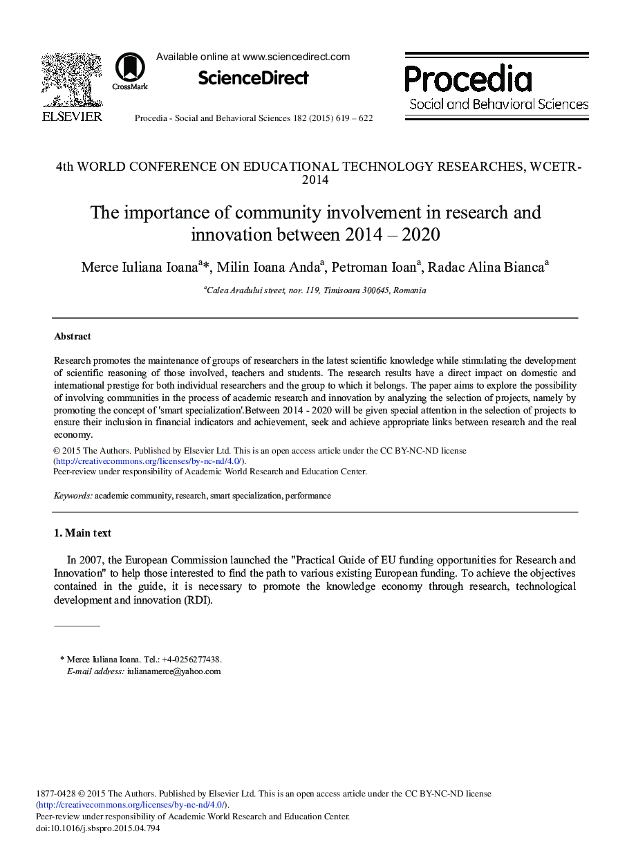 The Importance of Community Involvement in Research and Innovation between 2014–2020 