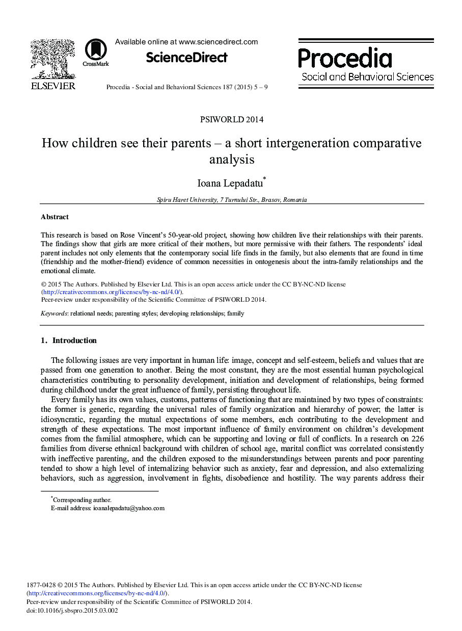 How Children See their Parents–A Short Intergeneration Comparative Analysis 