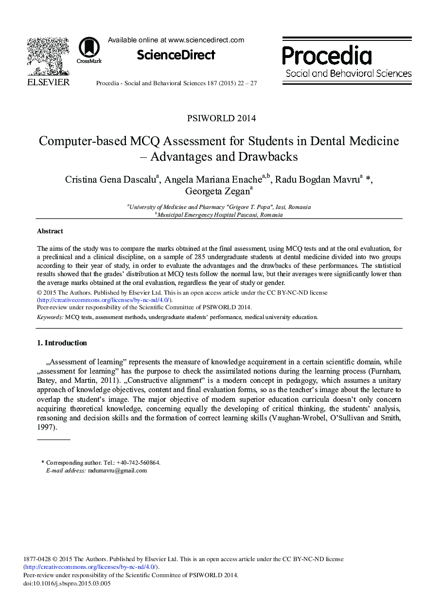 Computer-based MCQ Assessment for Students in Dental Medicine–Advantages and Drawbacks 