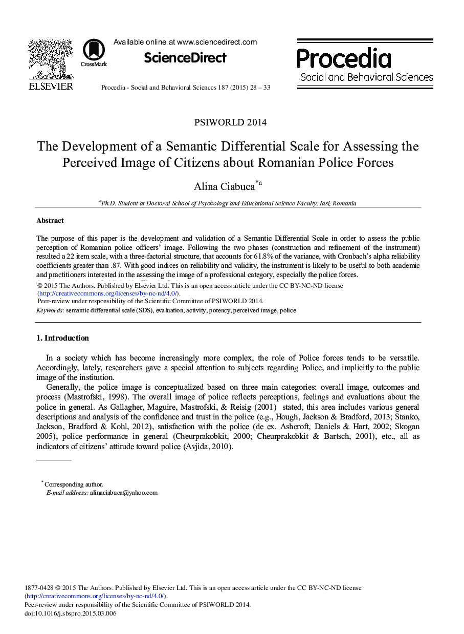 The Development of a Semantic Differential Scale for Assessing the Perceived Image of Citizens about Romanian Police Forces 