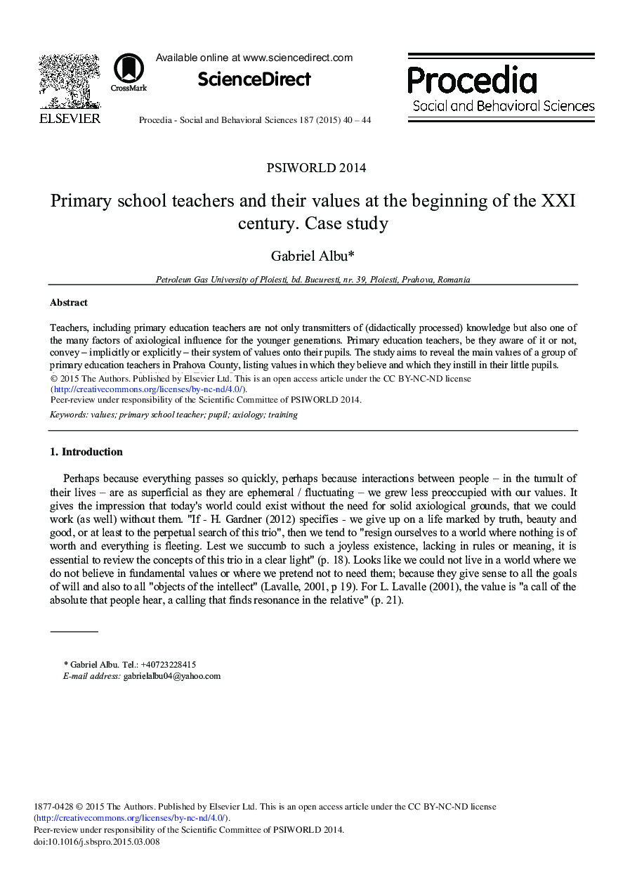 Primary School Teachers and their Values at the Beginning of the XXI Century. Case study 