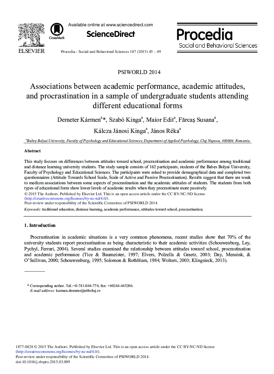 Associations between Academic Performance, Academic Attitudes, and Procrastination in a Sample of Undergraduate Students Attending Different Educational Forms 